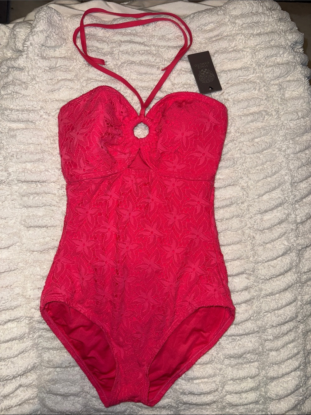 Vince Camuto Red Lace One-Piece with Ring Halter